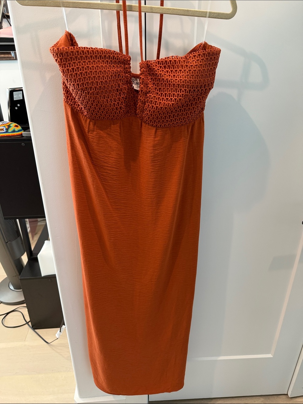 No Boundaries Rust Orange Smocked Strapless Midi Dress